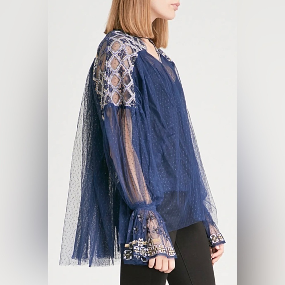 Free People Joyride Lace Embroidered long sleeve top sheer blouse - Picture 4 of 15